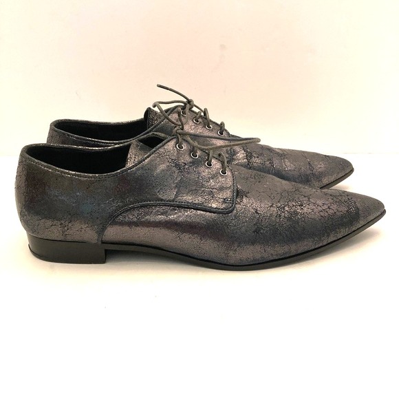 Miu Miu Oxford Lace Up Waxed Leather Metallic Crinkle Womens‎ 9.5 EU 39.5 - Picture 2 of 11